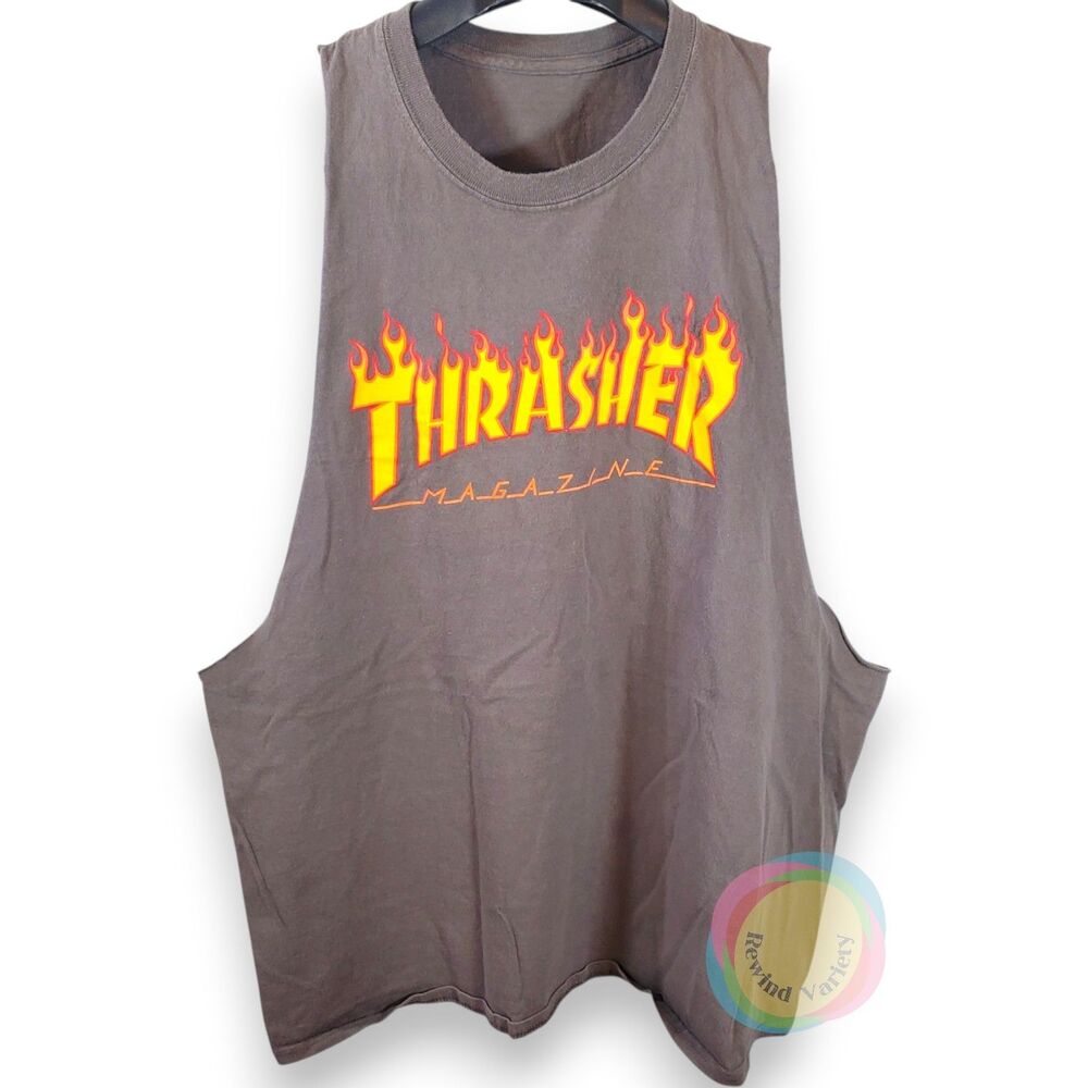 Thrasher Flame Logo Grey Cut Off Muscle Tank M/L